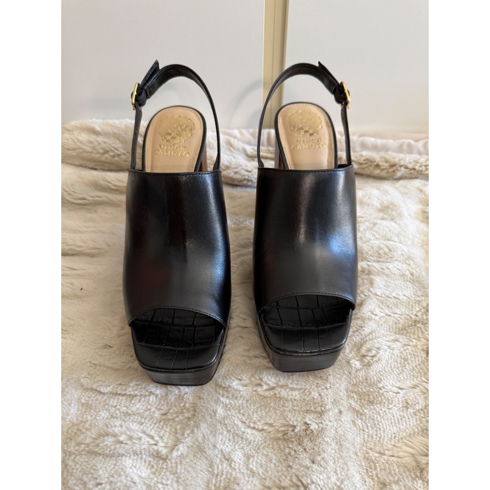 Vince Camuto Black Leather Platform Slingback Wood Block Heel Sandals Square Toe